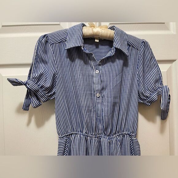Monteau Womens Dress Size S Stripes Blue White Waist Band Pockets - Picture 2 of 7